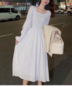 5w2SHOUZHOU White Elegant Dress Women Square Collar Long Sleeve Dresses Vintage Autumn 2021 Fairy Robe Korean