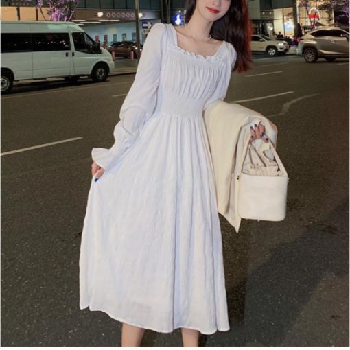 5w2SHOUZHOU White Elegant Dress Women Square Collar Long Sleeve Dresses Vintage Autumn 2021 Fairy Robe Korean