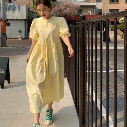 70LmKorea Women Summer Vintage White Loose Long Dress Tridimensional Dot Irregular Waistline A line Sundress Puff