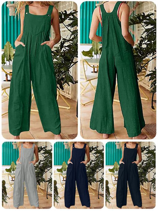 719VEaseHut Women Jumpsuit with Pockets Solid Sleeveless Wide Legs Plus Size Overalls Casual Rompers Women Playsuits