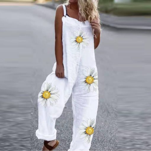 7E8aS 3xl Solid Color Women Casual Loose Breathable Sleeveless Long Jumpsuit Overalls Fashion Female White Cotton