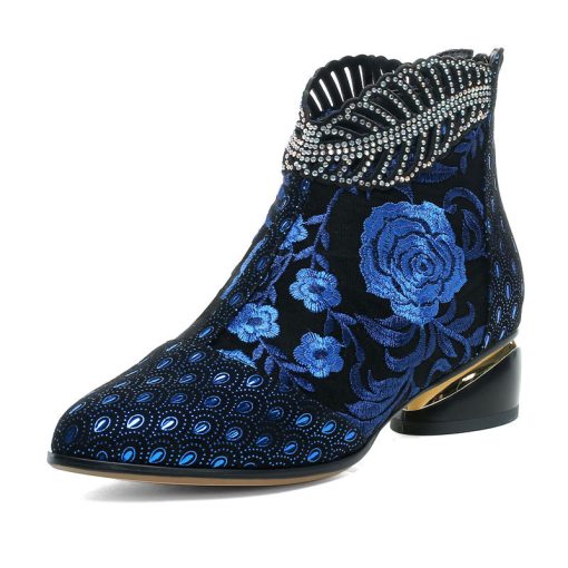 Autumn Comfortable Thick Heel Short Boots Fashion Spring Women Embroidered Flower Rhinestone Zipper Low Ankle Boots Winter