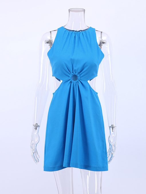 BuPoFashion Summer Cotton Linen Hollow Out Sexy Wide Leg Playsuit Romper Mujer Halter Sleeveless Blue 2023