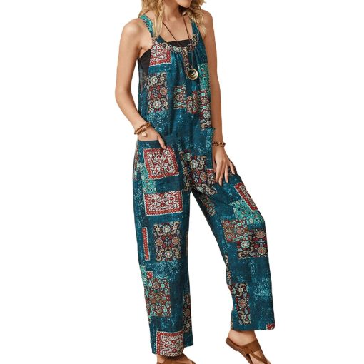 E4S42021 New Style Women Printed Sleeveless Long Romper Retro Style Loose Fit O neck Jumpsuit with