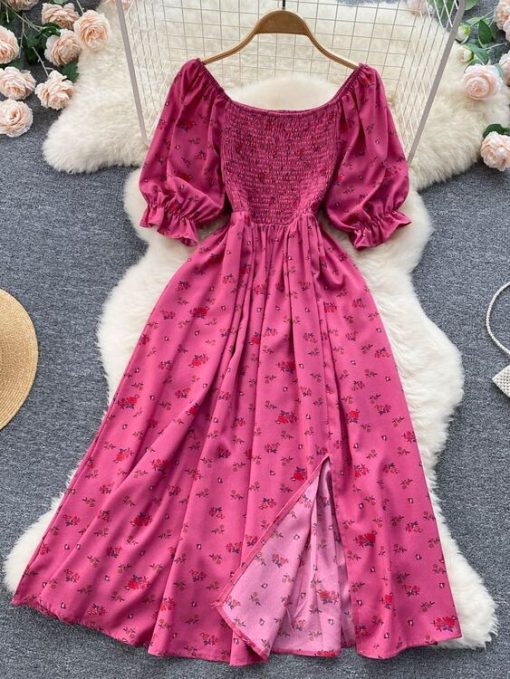 FBMiYuooMuoo Fast Shipping Women Dress Fashion Romantic Floral Print Split Long Summer Dress Puff Sleeve Party