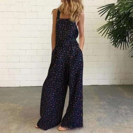 IYYpSummer Ladies Solid Color Casual Romper Floral Print Sling Backless Loose Jumpsuit Playsuit Long Pants High