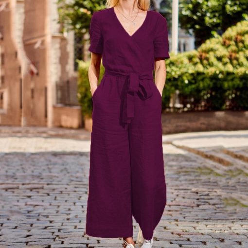 KKkQ2022 New Thin Jumpsuit Solid Color Turn Down Collar Short Sleeve Spring And Summer Casual Loose