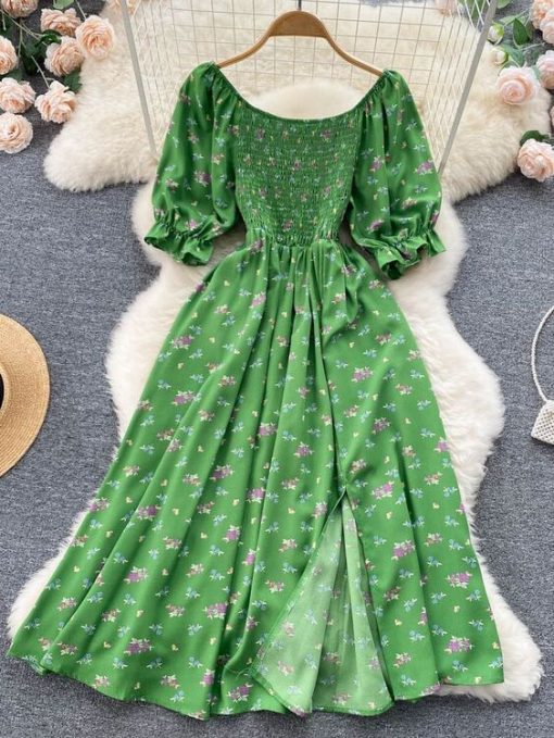 LRpPYuooMuoo Fast Shipping Women Dress Fashion Romantic Floral Print Split Long Summer Dress Puff Sleeve Party