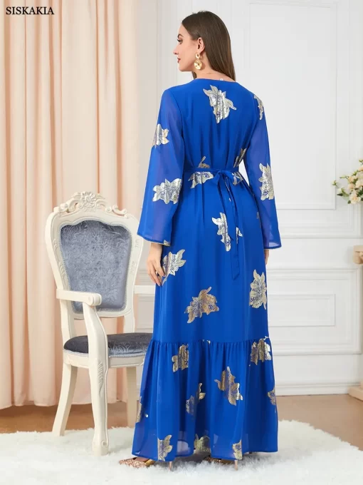 Muslim Abaya Dress Dubai Button Tape Trim Belted Kaftan Split Hem Long Dress Print Fall 2022.jpg 1