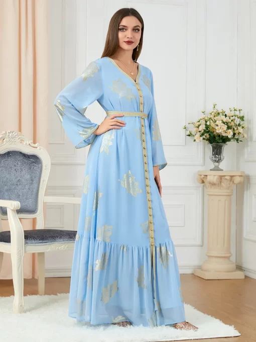 Muslim Abaya Dress Dubai Button Tape Trim Belted Kaftan Split Hem Long Dress Print Fall 2022.jpg 2