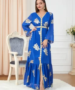 Muslim Abaya Dress Dubai Button Tape Trim Belted Kaftan Split Hem Long Dress Print Fall 2022.jpg