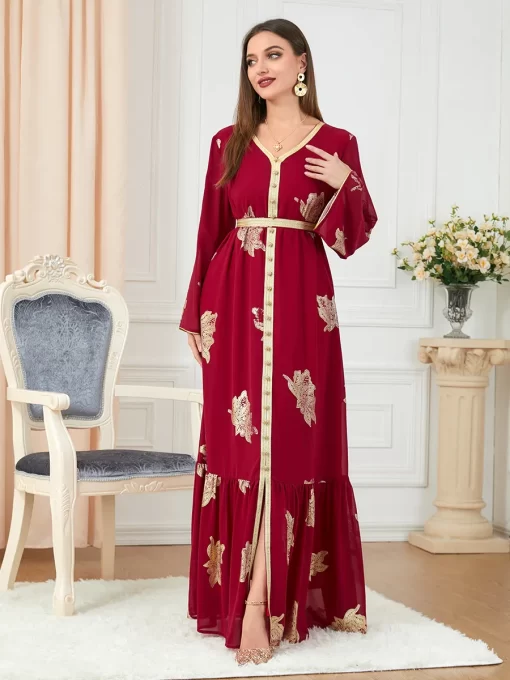 Muslim Abaya Dress Dubai Button Tape Trim Belted Kaftan Split Hem Long Dress Print Fall 2022.jpg 3