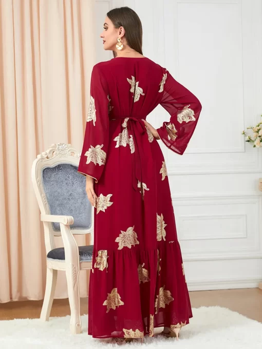 Muslim Abaya Dress Dubai Button Tape Trim Belted Kaftan Split Hem Long Dress Print Fall 2022.jpg 4