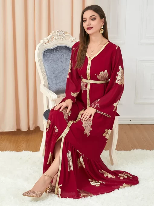 Muslim Abaya Dress Dubai Button Tape Trim Belted Kaftan Split Hem Long Dress Print Fall 2022.jpg 5