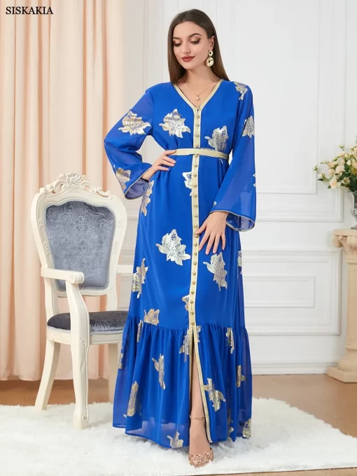 Muslim Abaya Dress Dubai Button Tape Trim Belted Kaftan Split Hem Long Dress Print Fall 2022.jpg