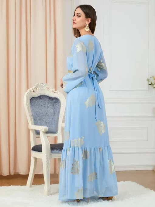 Muslim Abaya Dress Dubai Button Tape Trim Belted Kaftan Split Hem Long Dress Print Fall 2022.jpg 6