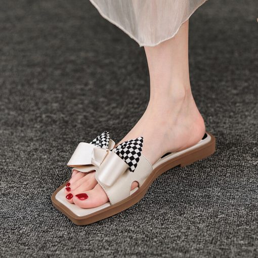 New Summer Women Sandals Flat Plaid Bow Flip Flops Indoor Outdoor Wear Females Slippers Fashion Cozy Leisure Ladies Sandals