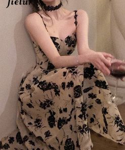 NxzoJielur Summer Floral Strap Midi Dress Women Sleeveless Elegant Vintage Dress Evening Party One Piece Dress