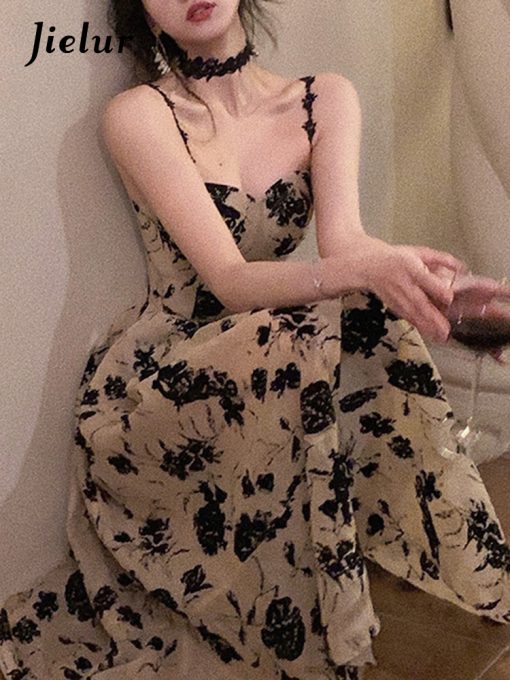 NxzoJielur Summer Floral Strap Midi Dress Women Sleeveless Elegant Vintage Dress Evening Party One Piece Dress