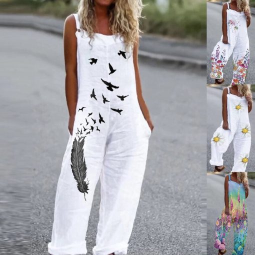 OH5lS 3xl Solid Color Women Casual Loose Breathable Sleeveless Long Jumpsuit Overalls Fashion Female White Cotton