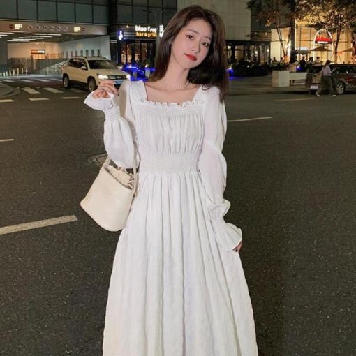 OmdRHOUZHOU White Elegant Dress Women Square Collar Long Sleeve Dresses Vintage Autumn 2021 Fairy Robe Korean