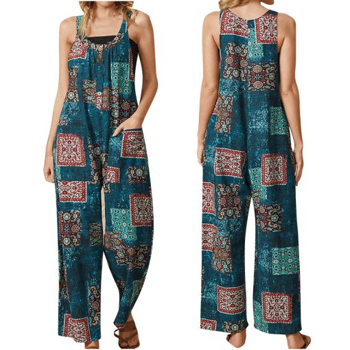 PetF2021 New Style Women Printed Sleeveless Long Romper Retro Style Loose Fit O neck Jumpsuit with