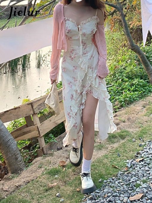VRAyJielur Summer Floral Sleeveless Midi Dress Elegant Sexy French Vintage Strap Dress Woman Party One Piece