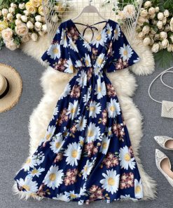 YKLcVacation Style Printed Dress Women s Summer 2021New Elegant V neck Lace up Backless Dress Vintage
