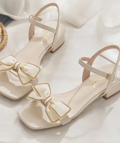 biwiWomen Sandals Summer Bow High Heels Shoes Woman Pumps Ankle Straps Ladies Peep Toe Square Wedding