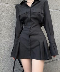 dkoyHOUZHOU Black Shirt Dress Women Elegant Vintage Long Sleeve Dresses Sexy Gothic Pleated Streetwear Turn down