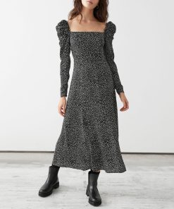 eJh6Spring Autumn Women Dresses 2021 Square Neck Polka Dot Vintage Elegant Dress Long Sleeve Midi Dress