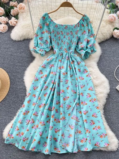 fxHJYuooMuoo Fast Shipping Women Dress Fashion Romantic Floral Print Split Long Summer Dress Puff Sleeve Party
