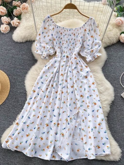 gkDcYuooMuoo Fast Shipping Women Dress Fashion Romantic Floral Print Split Long Summer Dress Puff Sleeve Party