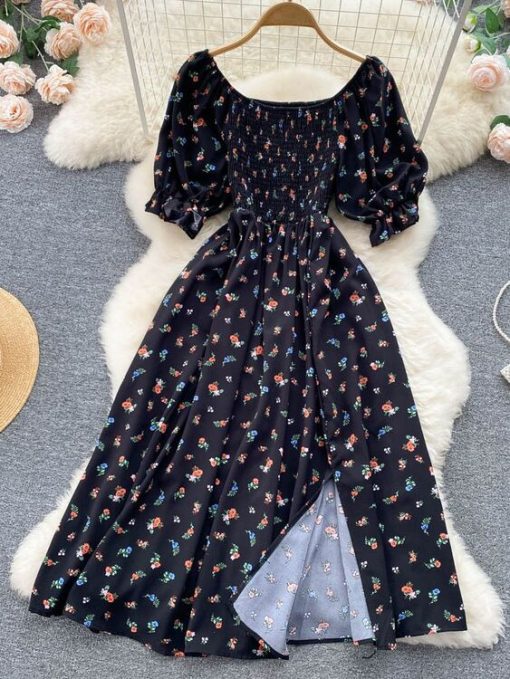 icmZYuooMuoo Fast Shipping Women Dress Fashion Romantic Floral Print Split Long Summer Dress Puff Sleeve Party