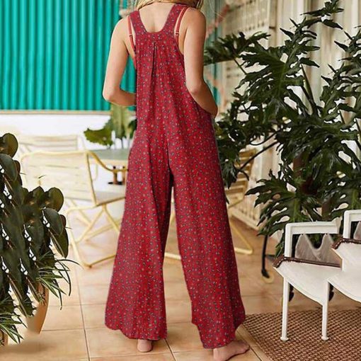 m0tgSummer Vintage Jumpsuit Women Floral Prints Jumpsuit Straps Wide Leg With Pockets Button Bodysuit Combinaison Femme