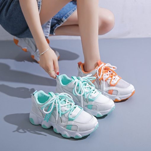 main image02022Spring Autumn New Women Mesh Breathable Vulcanized Shoes Mixed Color Lace up Fashion Sneakers Platform Running