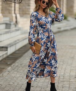 main image0Benuynffy V neck Belted Print Long Dress Women 2022 Spring Fall Vacation Casual High Waist Female