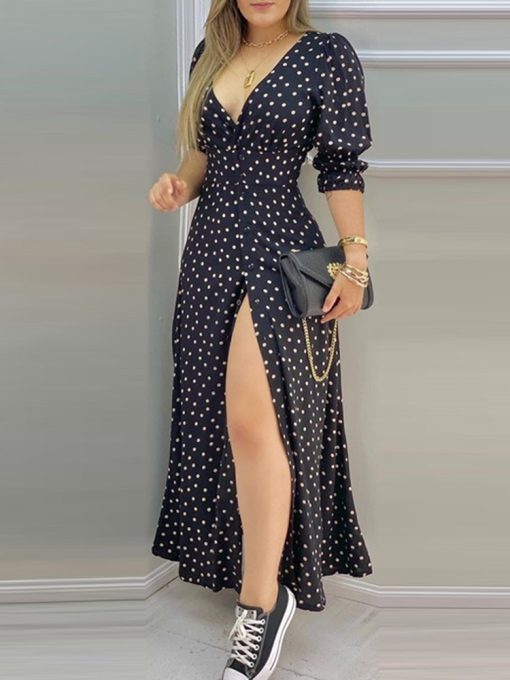 main image0Dot Print Sexy High Slit Maxi Dress Women V Neck Puff Sleeve Summer Long Dress