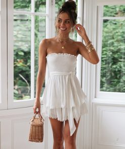 main image0Elegant White Summer Short Dress Women Off Shoulder Pleated Belted Chic Sexy Dresses Linen Fit and