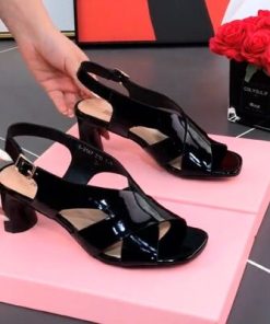 main image0FHANCHU 2022 New Patent Leather Women Mid Heels Sandals Fashion Sexy Summer Shoes Peep Toe Ankle