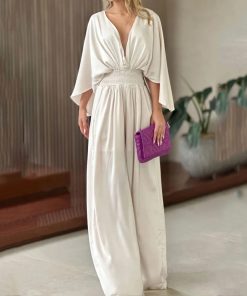 main image0LIYONG Women Jumpsuit Sexy V Neck Solid Color Bat Long Sleeve Nipped Waist Loose Wide Legs