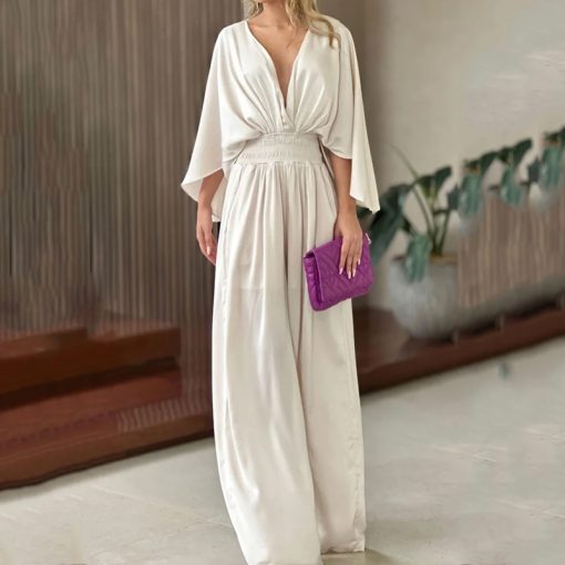 main image0LIYONG Women Jumpsuit Sexy V Neck Solid Color Bat Long Sleeve Nipped Waist Loose Wide Legs