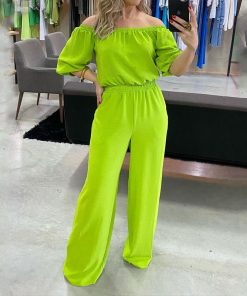 main image0LIYONG Women Jumpsuit Summer Fashion Casual Solid Off The Shoulder Short Sleeve Waist Loose Wide Legs