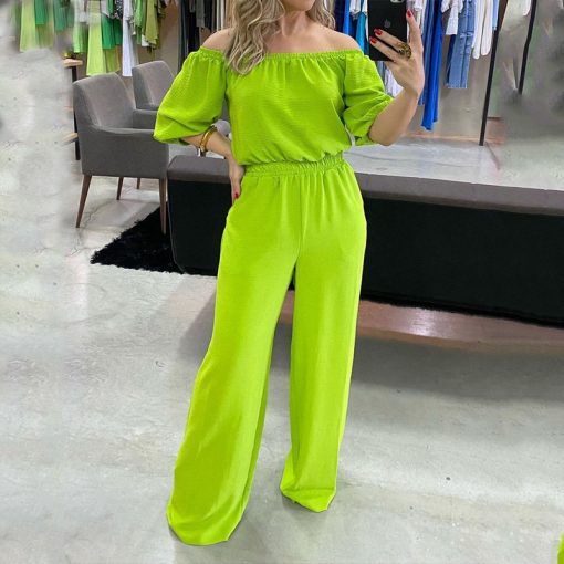 main image0LIYONG Women Jumpsuit Summer Fashion Casual Solid Off The Shoulder Short Sleeve Waist Loose Wide Legs