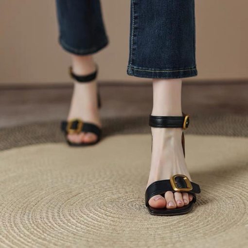 main image0New Summer Women Sandals Luxury Block Heel Designer Square Toe Buckle Open Toe Block Heel Sandals