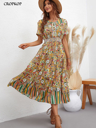 main image0Vintage Floral Print Dress Women Summer Casual Ruffle Big Hem Green Boho Beach Dress Fashion V