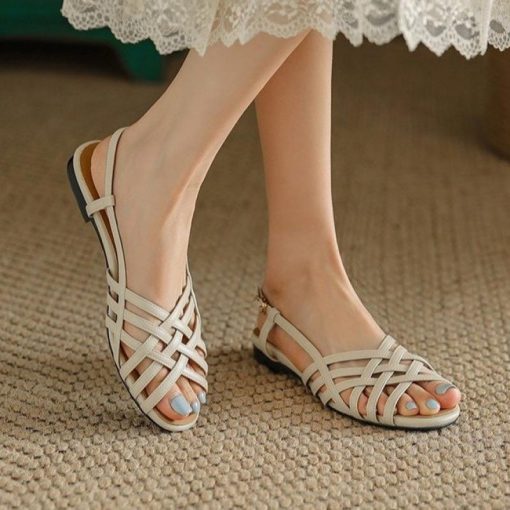 main image12022 Summer Women Sandals Braided Round Toe Flat Heel Shallow Mouth Females Pumps Fashion High Quality