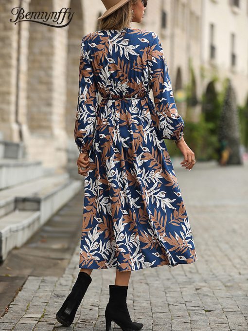 main image1Benuynffy V neck Belted Print Long Dress Women 2022 Spring Fall Vacation Casual High Waist Female