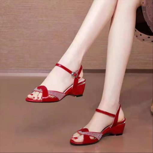 main image1FHANCHU Women s Mid Heel Sandals Fashion Sexy Rhinestone Summer Shoes Ankle Buckle Strap Peep Toe