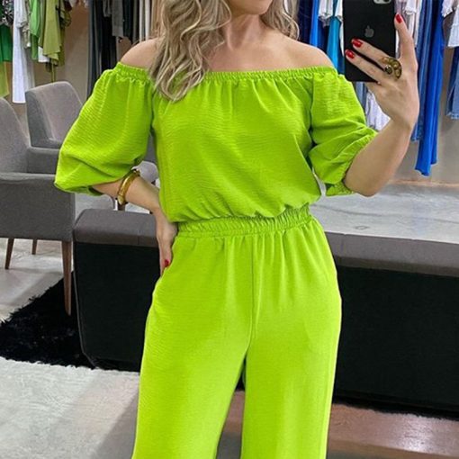 main image1LIYONG Women Jumpsuit Summer Fashion Casual Solid Off The Shoulder Short Sleeve Waist Loose Wide Legs